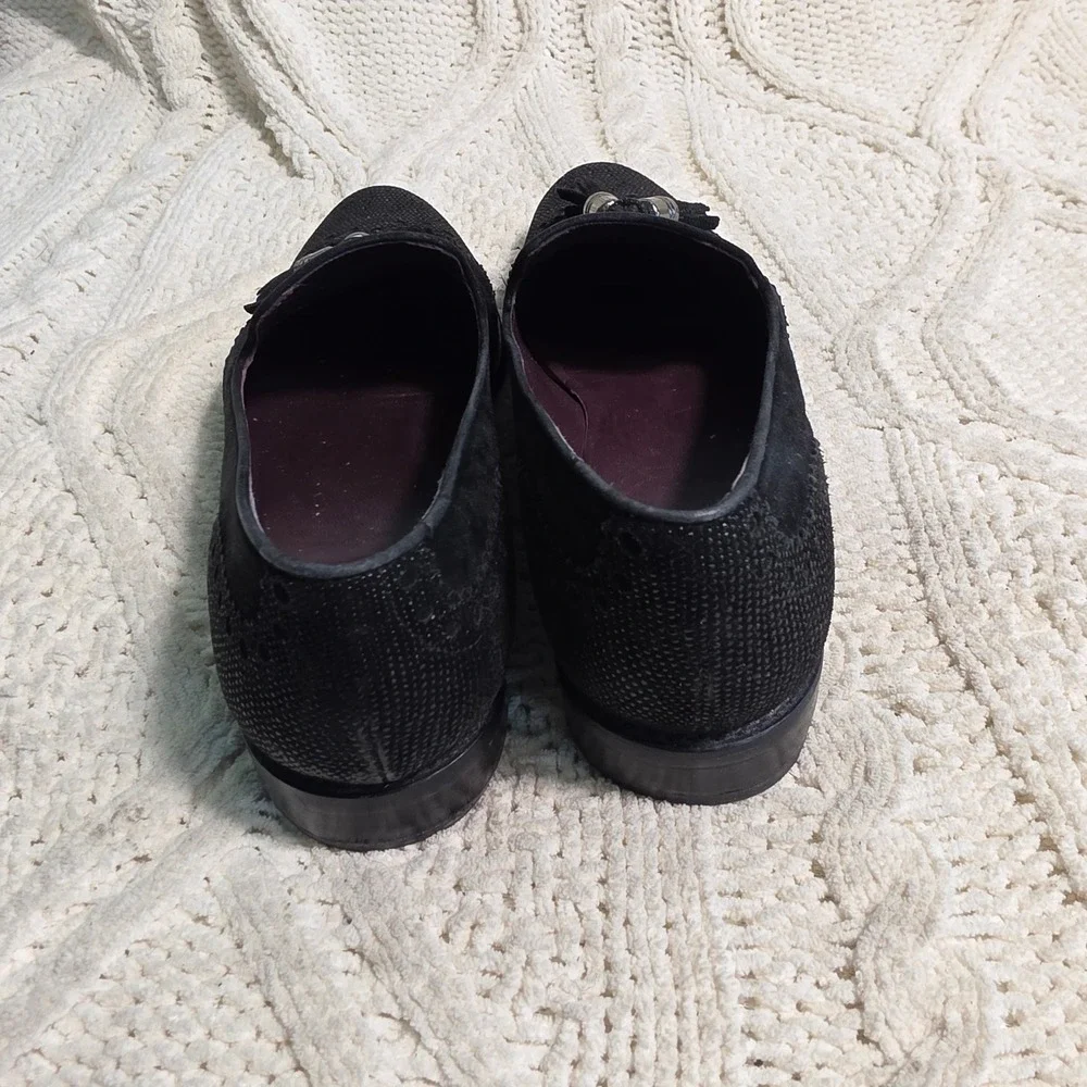 VTG Stuart Weitzman Tassel Loafers Black Suede Brogue‎ Womens 7.5 M Excellent